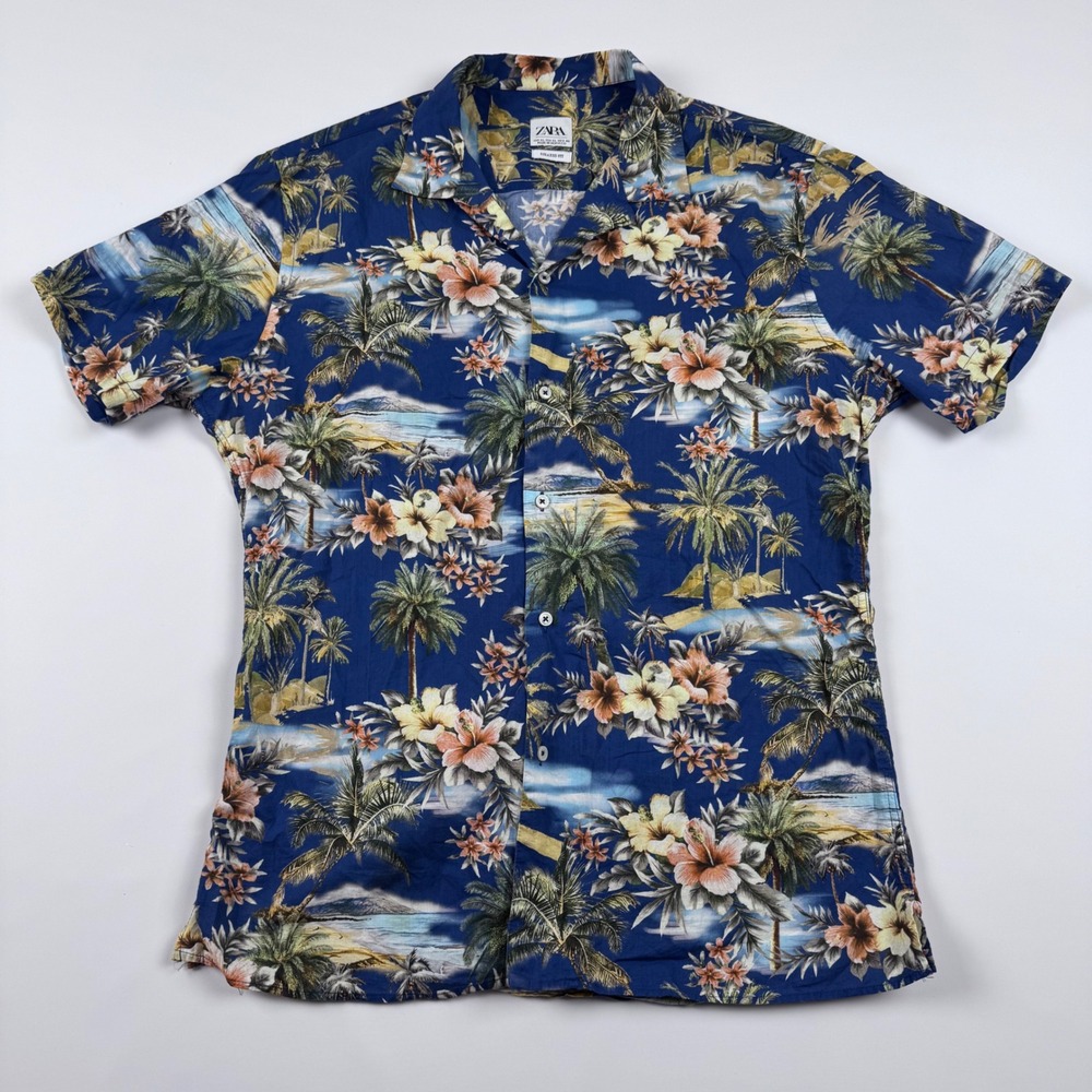 Zara Mens XL Relaxed Fit Tropical Hawaiian Floral‎ Palm Tree Camp Shirt NWOT